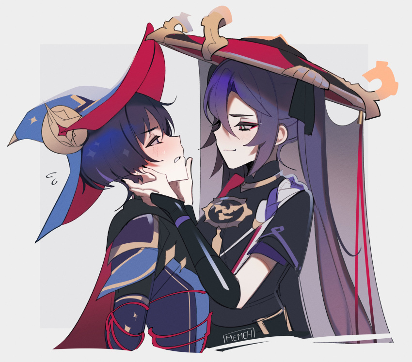1boy, 1girl, absurdres, black_eyes, blue_hair, cosplay, costume_switch, genshin_impact