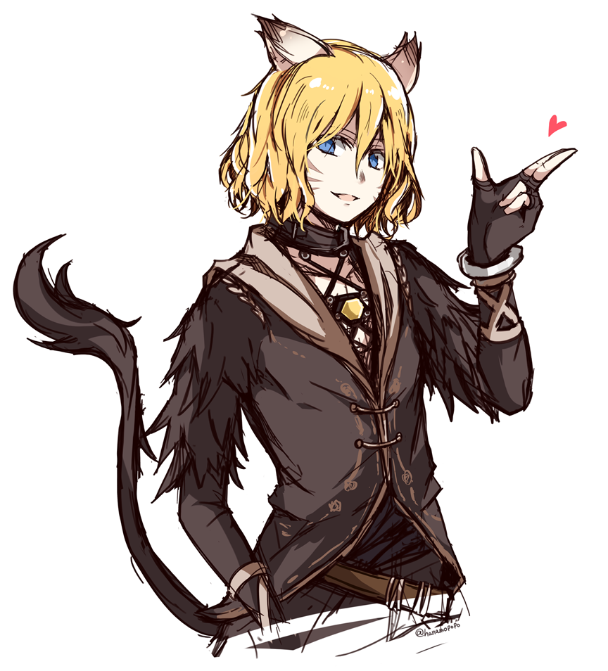 1boy, animal_ears, belt, black_choker, black_gloves, black_tail, blonde_hair, blue_eyes, brown_belt, cat_boy, cat_ears, cat_tail, choker, facial_mark, final_fantasy, final_fantasy_xi, fingerless_gloves, gloves, hair_between_eyes, hand_up, heart, lehko_habhoka, male_focus, mithra_(ff11), ntapopo, open_mouth, short_hair, simple_background, smile, solo, tail, tail_raised, twitter_username, whisker_markings, white_background