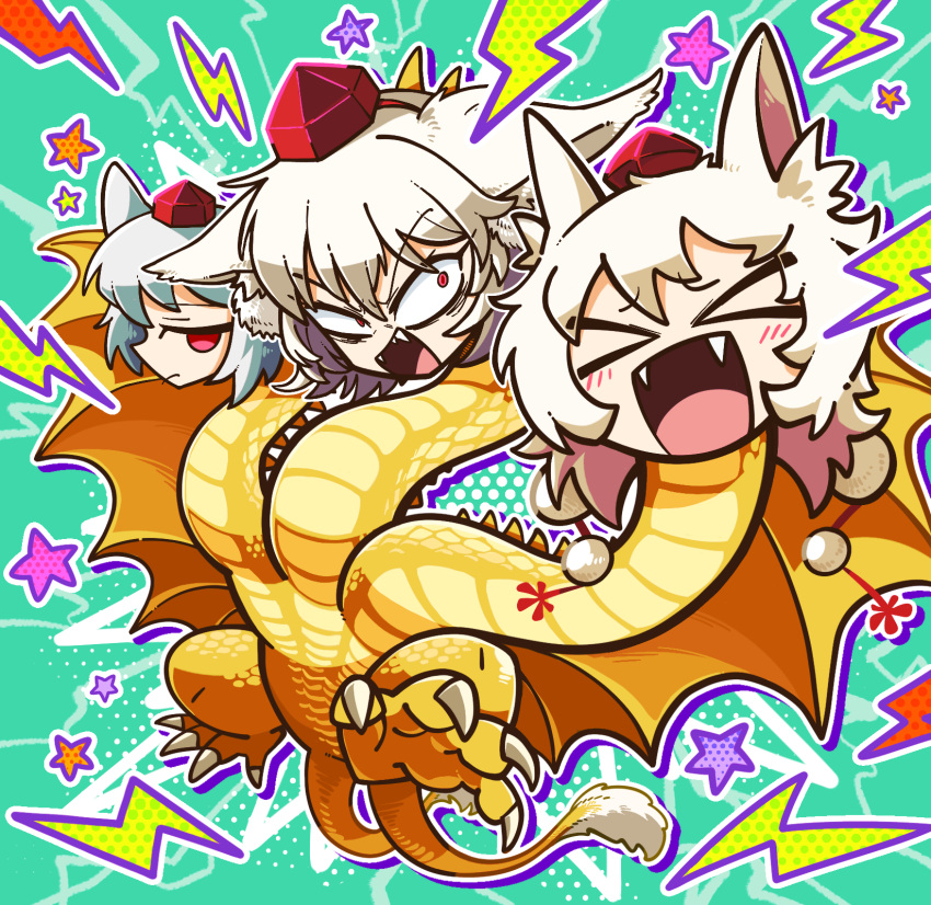 3girls, amerika_zarigani, animal_ears, bags_under_eyes, blue_background, blush, closed_eyes, commentary_request