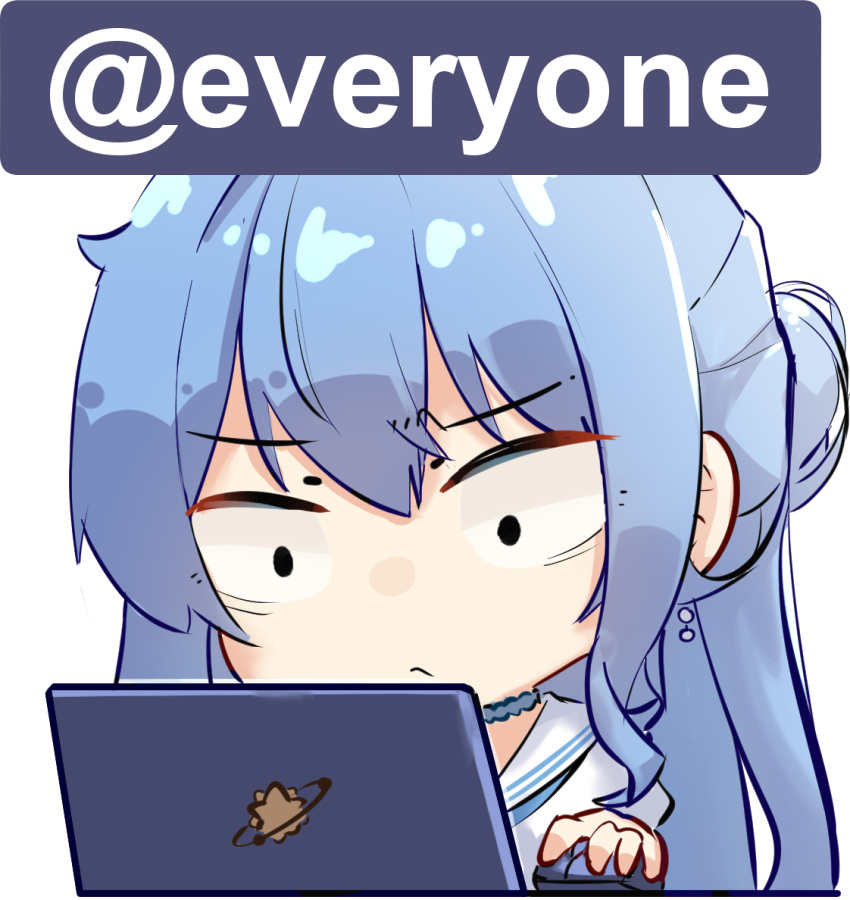 1girl, blue_hair, chibi, closed_mouth, collared_shirt, commentary, computer, earrings