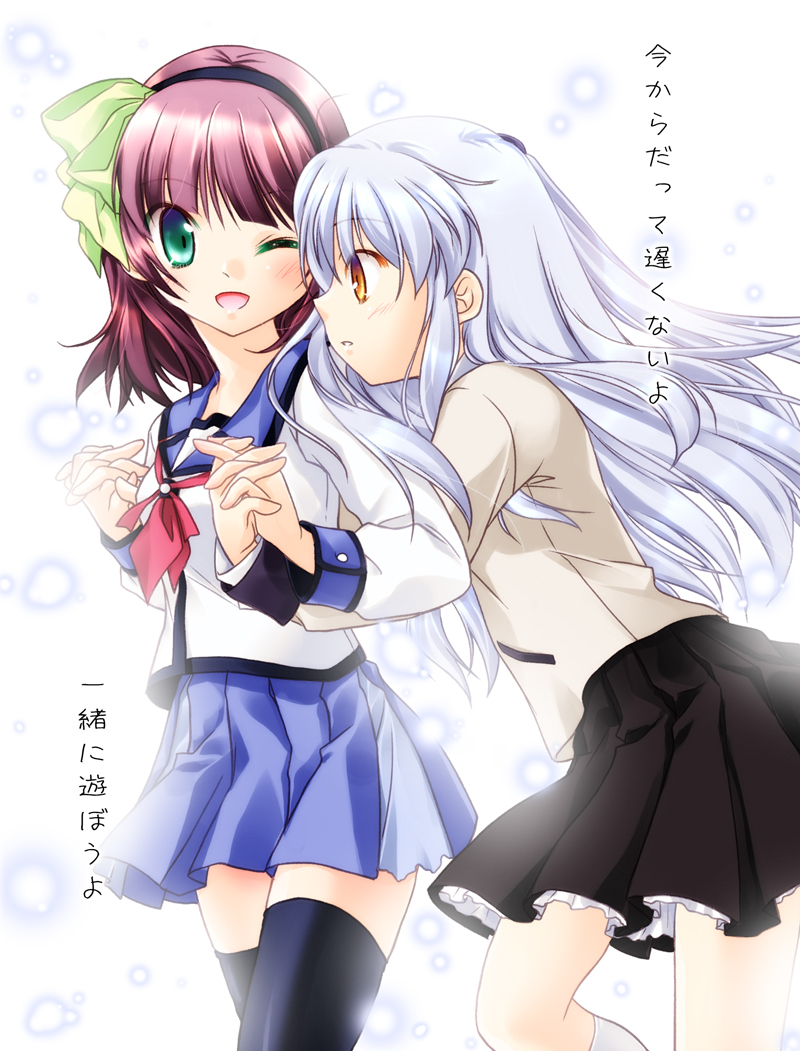 an_natsuki, angel_beats!, blazer, blue_hair, green_eyes, holding_hands, long_hair, multiple_girls