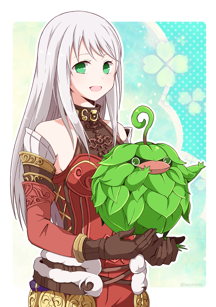 1girl, :d, aqua_eyes, arciela_v_adoulin, bare_shoulders, breasts, brown_gloves, creature
