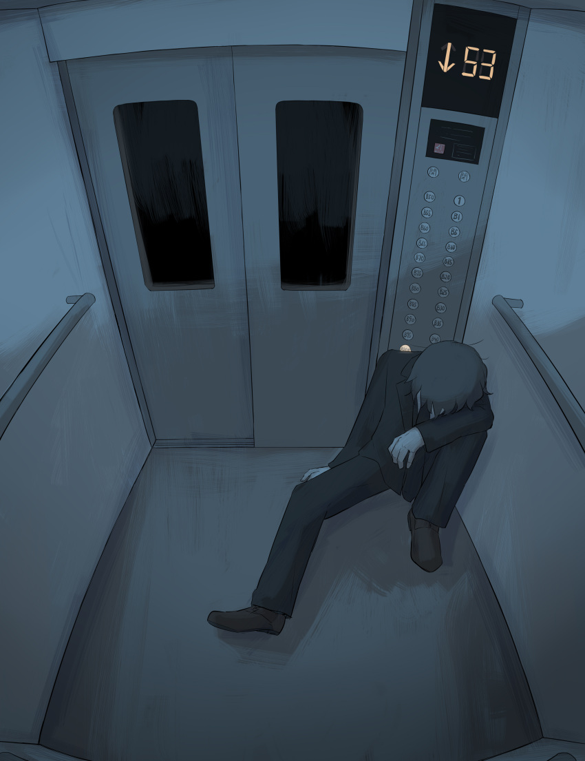 1boy, absurdres, arm_on_knee, avogado6, black_necktie, black_pants, black_suit, commentary