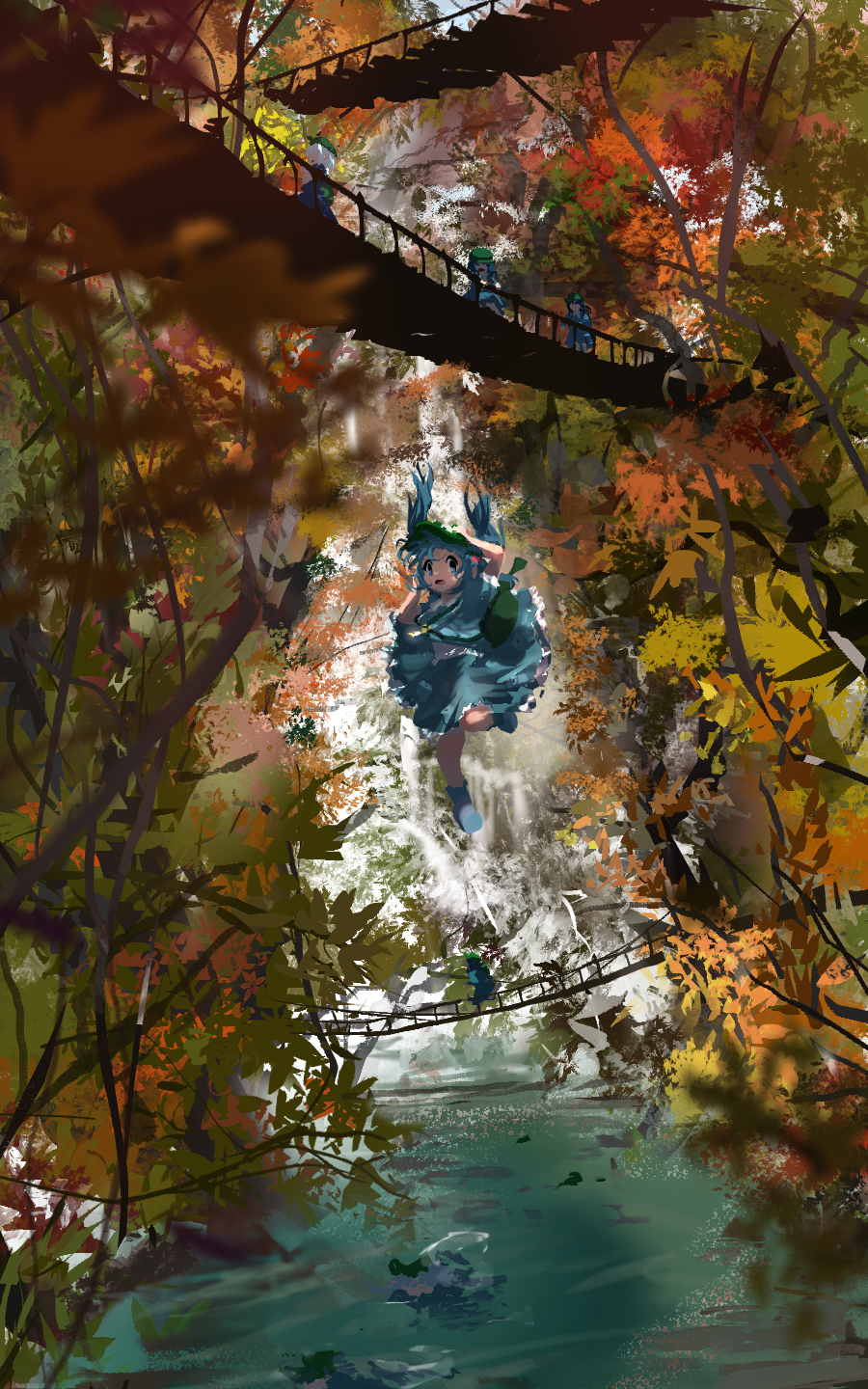 5girls, adjusting_clothes, adjusting_headwear, autumn, autumn_leaves, backpack, bag, blue_eyes