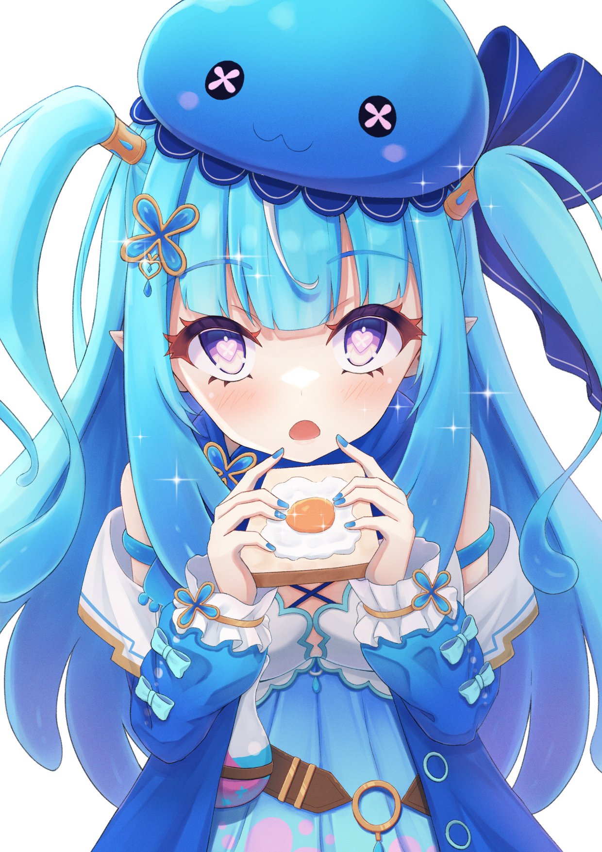 1girl, bare_shoulders, beret, blue_dress, blue_hair, blue_headwear, blue_nails, blush