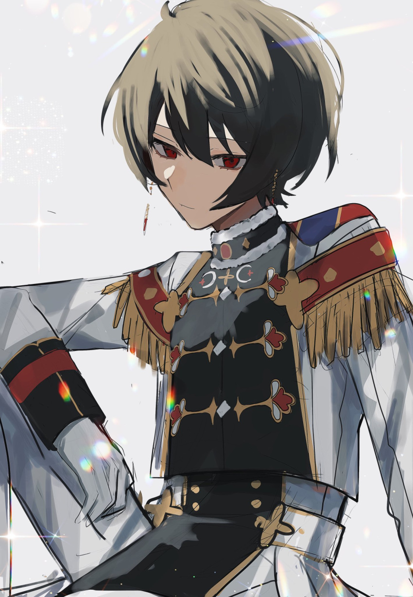 1boy, black_hair, black_shirt, closed_mouth, cosplay, earrings, ensemble_stars!, epaulettes