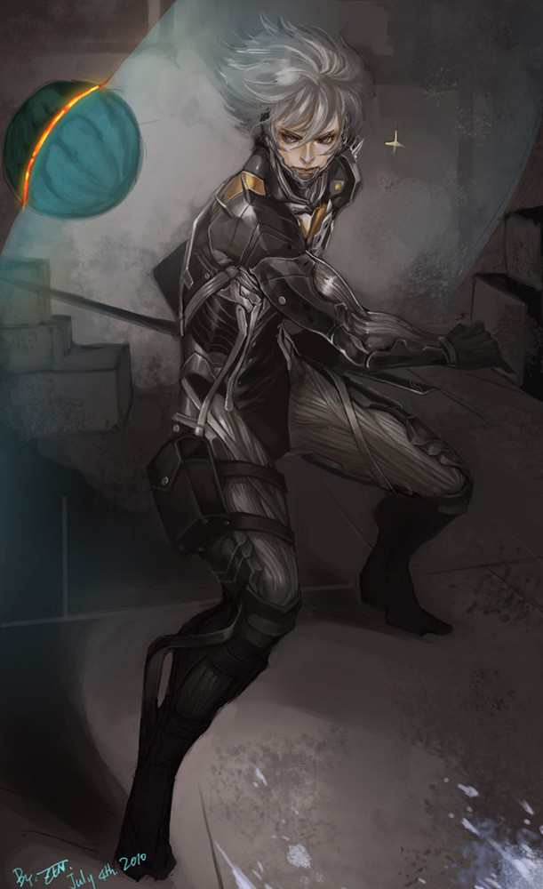 cuts, cyborg, food, fruit, grey_hair, helmet, injury, male