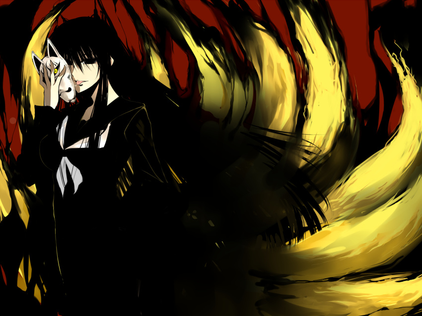 black_hair, cosax, hagoromo_kitsune, highres, long_hair, mask, nurarihyon_no_mago, pantyhose, saliva, school_uniform, solo, tail