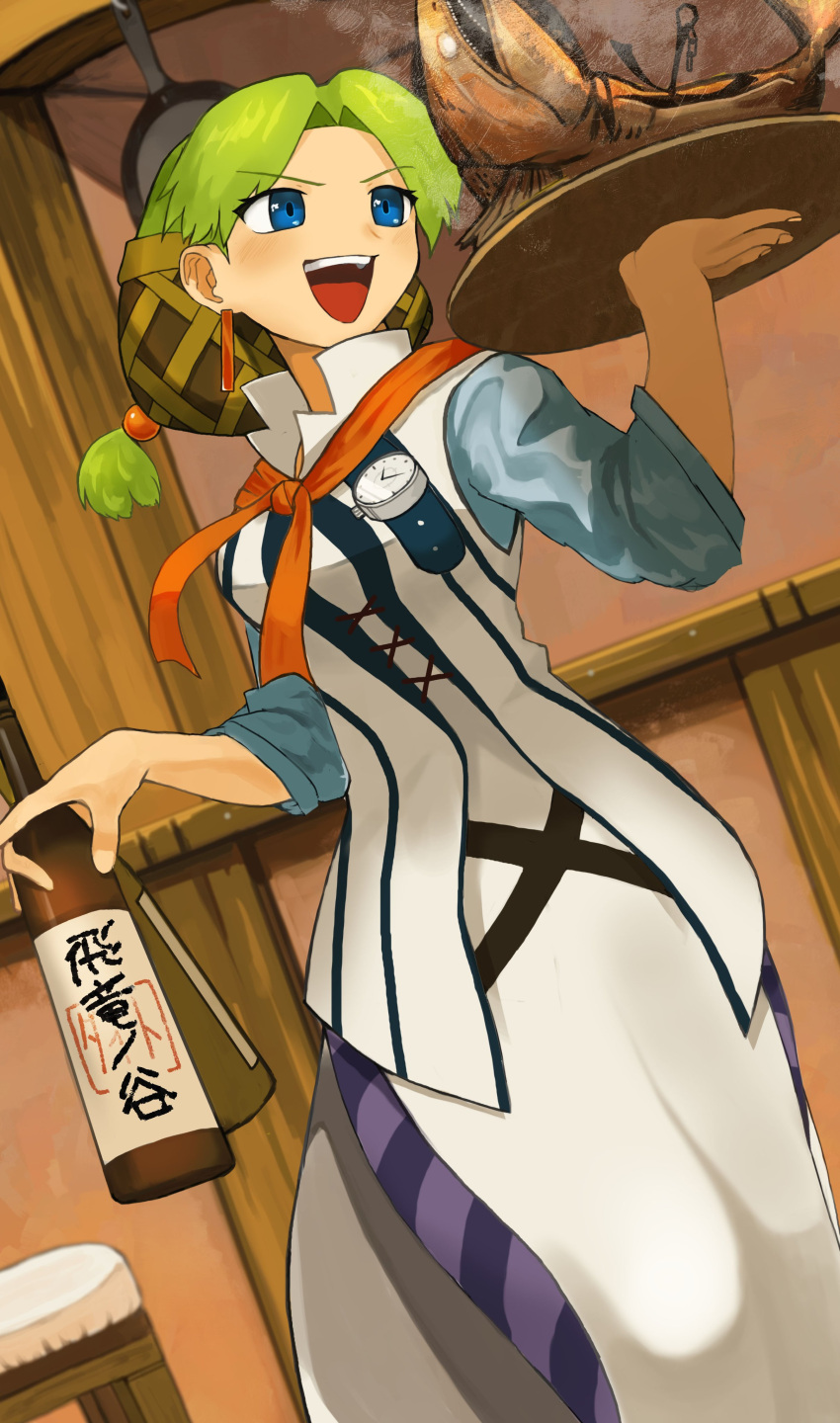 1girl, :d, absurdres, akumesik, alcohol, blue_eyes, breasts, cross-laced_clothes