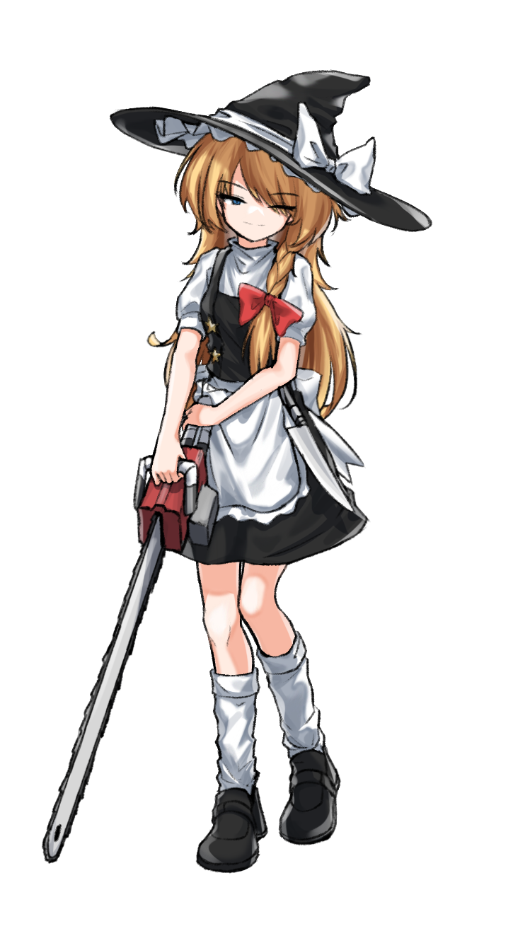 1girl, apron, black_footwear, black_headwear, black_skirt, black_vest, blonde_hair, blue_eyes