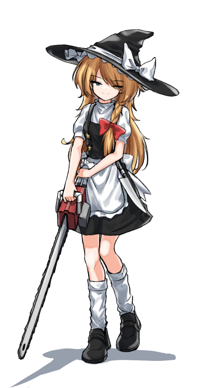 1girl, apron, black_footwear, black_headwear, black_skirt, black_vest, blonde_hair, blue_eyes