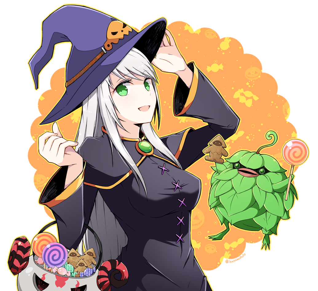 1girl, :d, arciela_v_adoulin, black_capelet, black_dress, breasts, brooch, candy