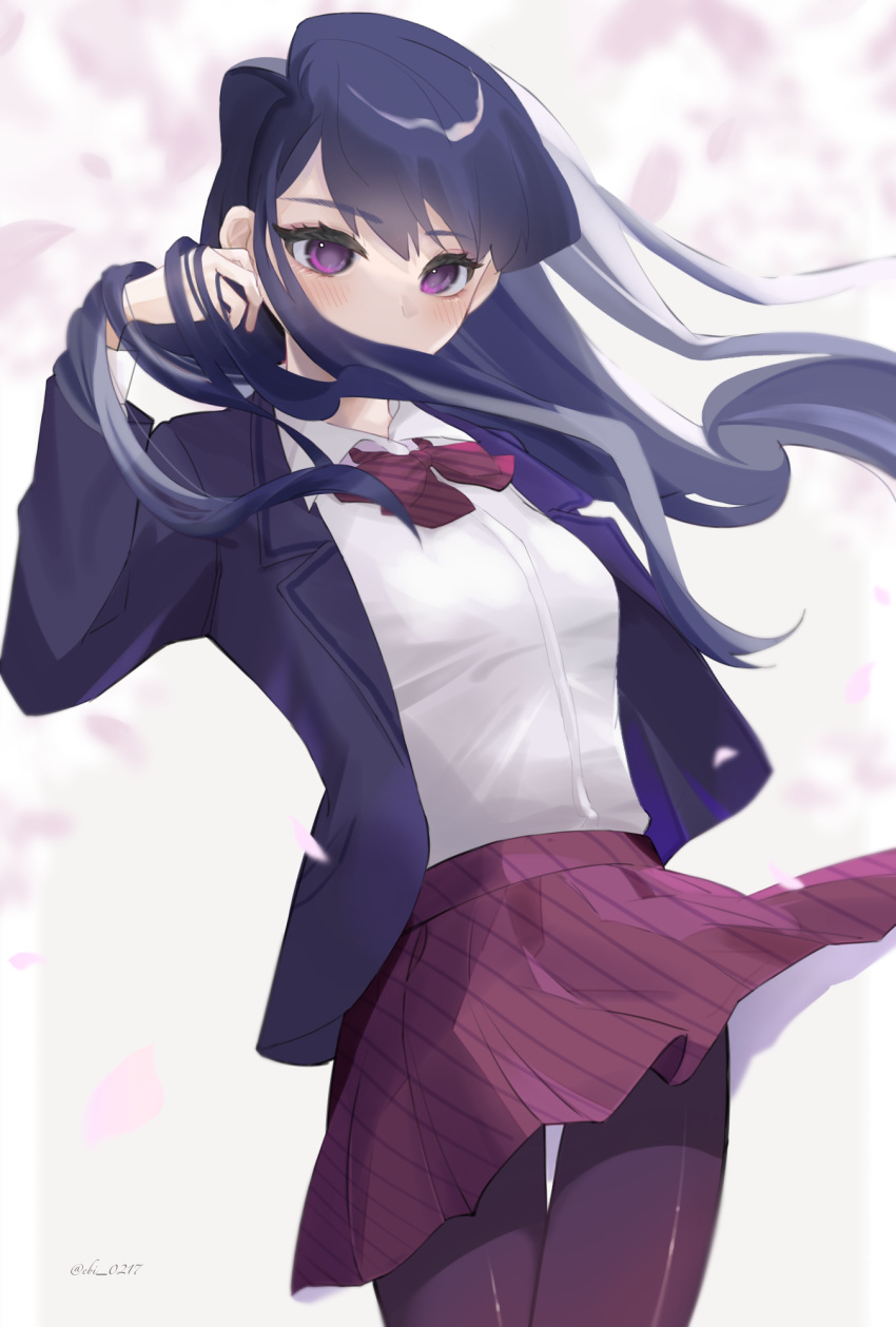 1girl, arms_behind_back, black_hair, bow, bowtie, breasts, closed_mouth, collared_shirt