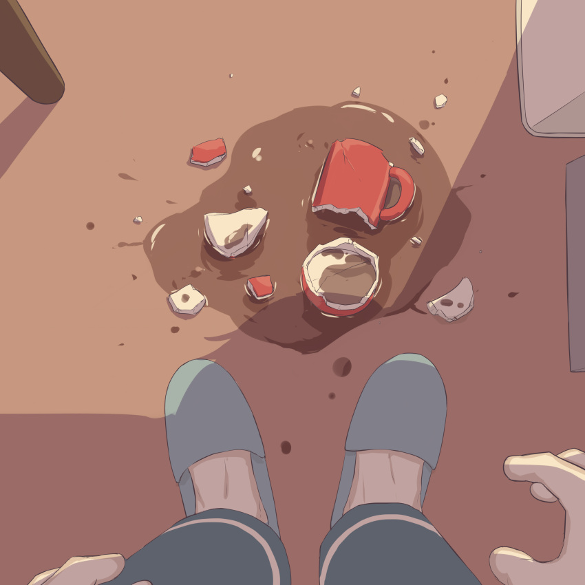 1boy, absurdres, avogado6, blue_pants, broken_cup, coffee, coffee_mug, commentary