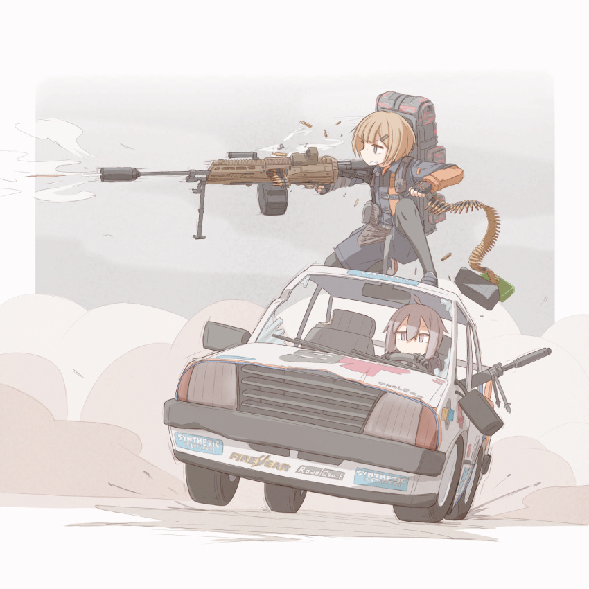 2girls, ahoge, ammunition_belt, backpack, bag, bipod, black_gloves, blonde_hair