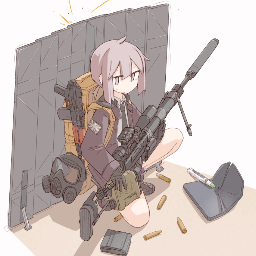 1girl, ahoge, assault_rifle, backpack, bag, barricade, binoculars, bipod