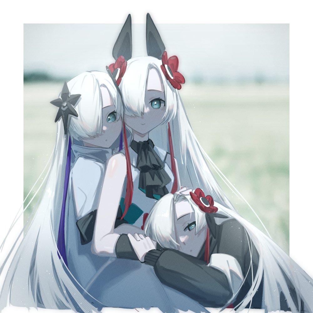 3girls, aqua_eyes, ascot, bare_shoulders, black_coat, blurry, blurry_background, border