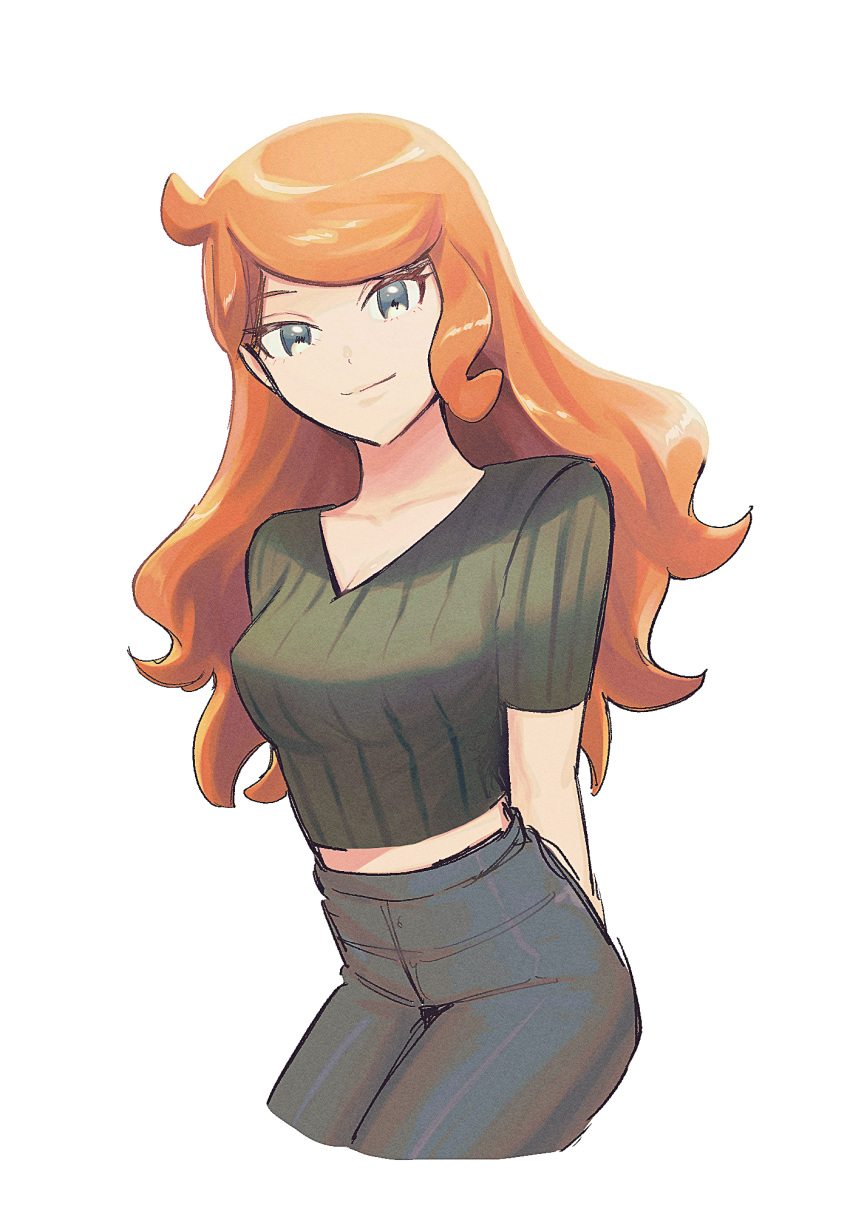 1girl, aqua_eyes, aqua_shirt, blue_pants, breasts, collarbone, commentary_request, hair_down