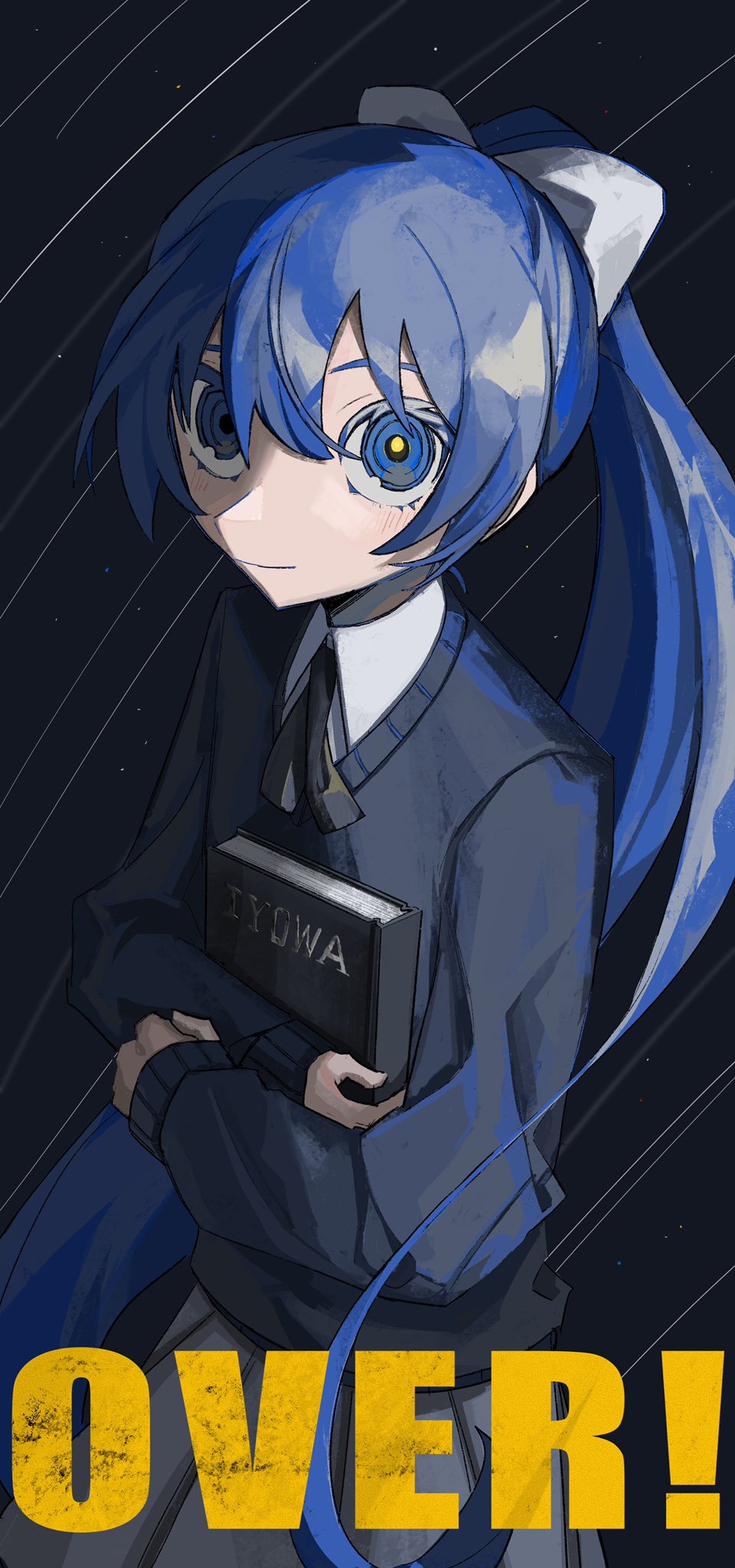 1girl, black_background, black_ribbon, black_sweater, blue_eyes, blue_hair, blush, book