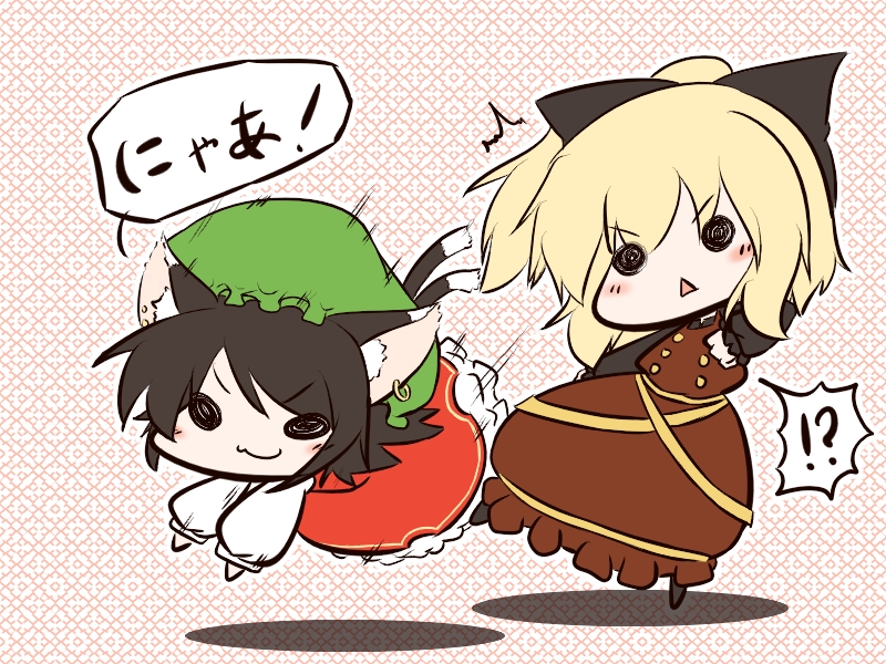 2girls, animal_ears, blonde_hair, bow, brown_hair, cat_ears, cat_tail, chen