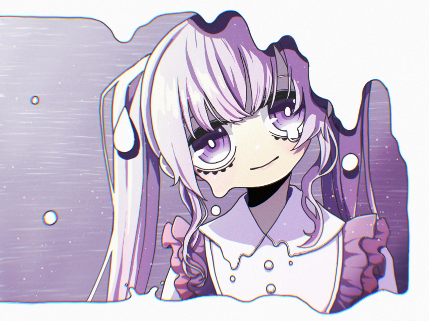 1girl, border, bright_pupils, chromatic_aberration, closed_mouth, collared_dress, commentary_request, crossed_bangs