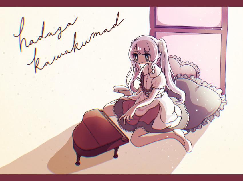 1girl, black_eyes, black_skirt, bright_pupils, chromatic_aberration, closed_mouth, collared_dress, commentary_request