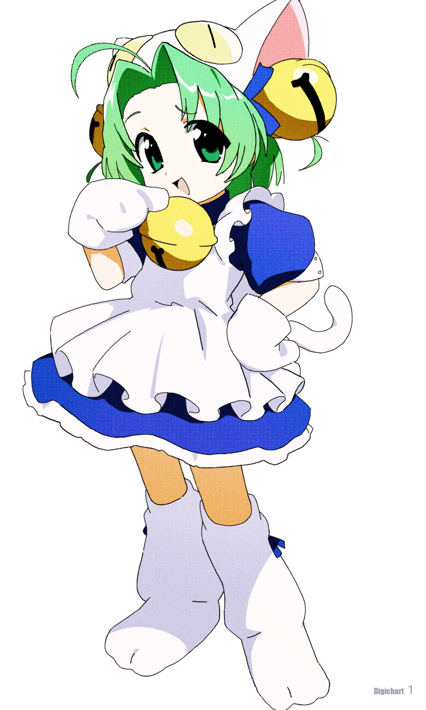 1girl, absurdres, ahoge, animal_hat, apron, bell, blue_dress, cat_hat
