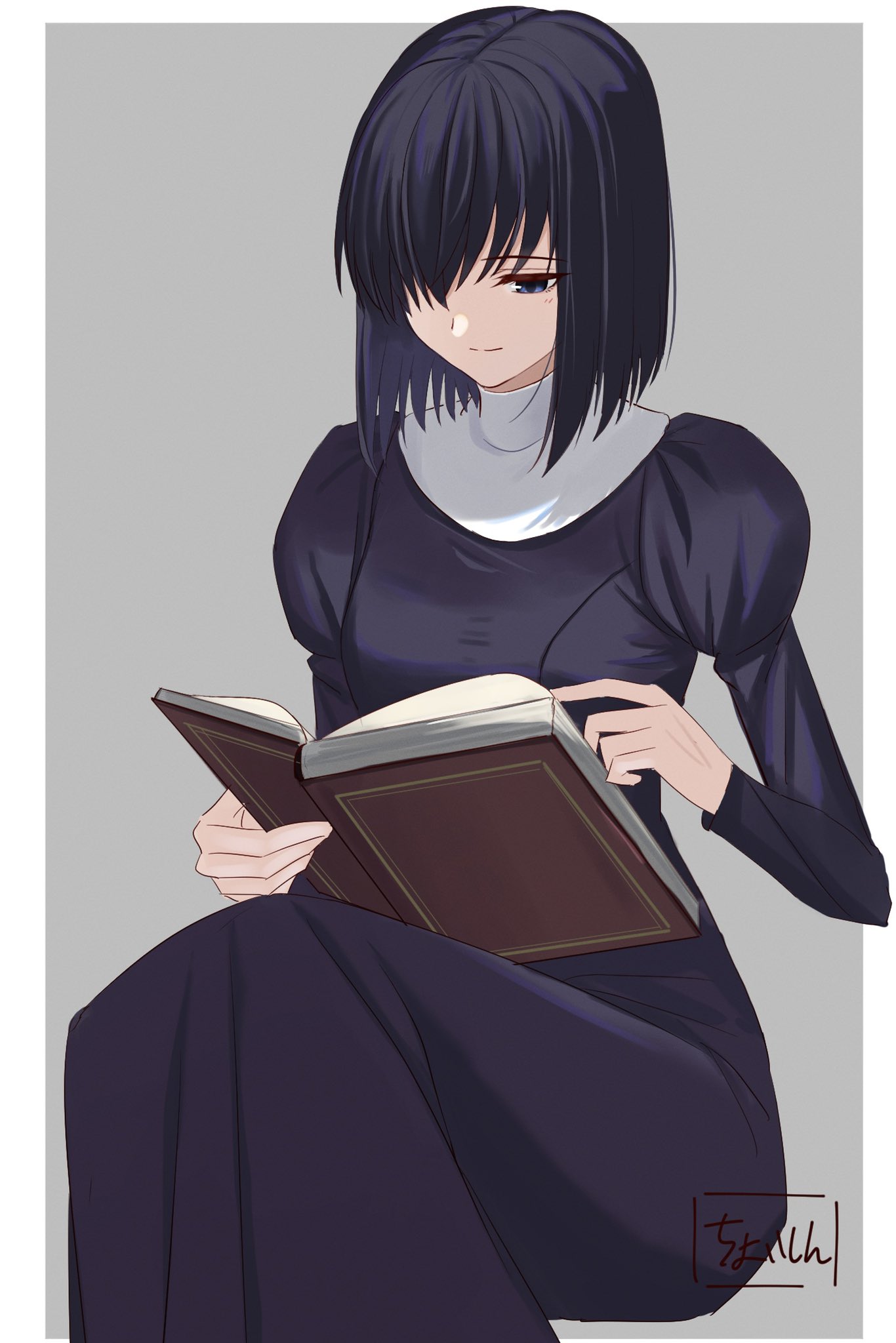 1girl, black_dress, black_eyes, black_hair, book, border, closed_mouth, commentary