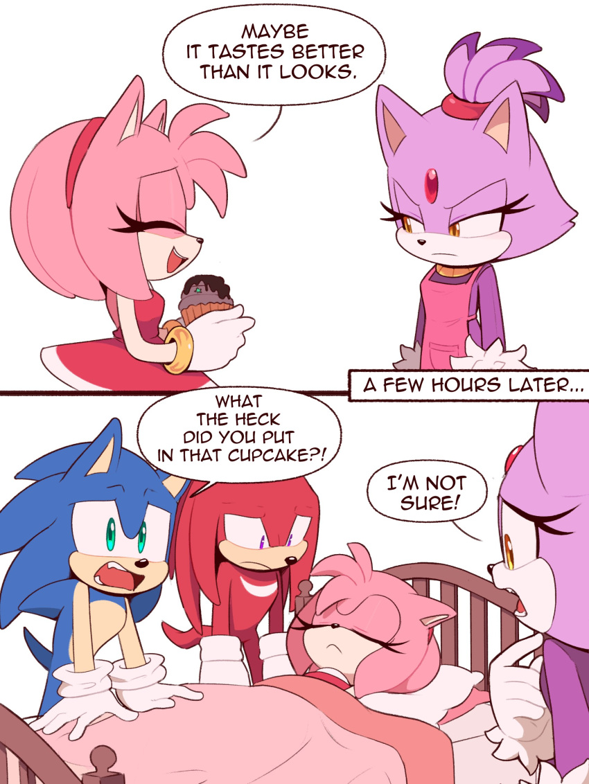 2boys, 2girls, absurdres, amy_rose, blaze_the_cat, blue_eyes, closed_eyes, cupcake, food, gloves, green_eyes, highres, knuckles_the_echidna, multiple_boys, multiple_girls, skeptical, sonic_(series), sonic_the_hedgehog, speech_bubble, toonsite, unconscious, white_background, white_gloves