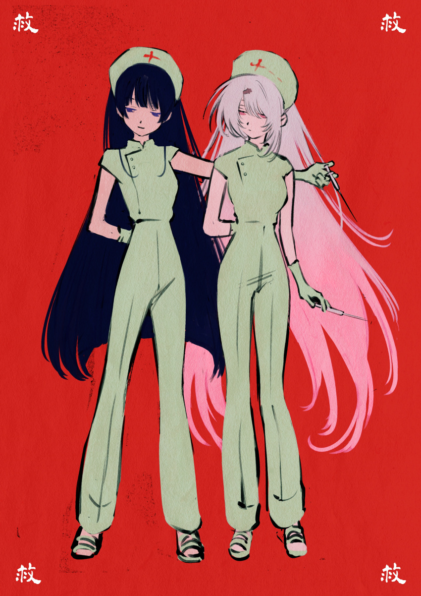 2girls, absurdres, alternate_costume, arm_around_shoulder, arm_behind_back, barefoot_sandals, black_hair, blunt_ends, buttons, closed_mouth, commentary_request, cross, double-breasted, dt_777_tb, expressionless, full_body, gloves, gradient_hair, grey_gloves, grey_headwear, grey_jumpsuit, hair_ornament, hairclip, half-closed_eyes, hat, highres, holding, holding_syringe, jumpsuit, light_smile, long_hair, looking_at_another, looking_to_the_side, multicolored_hair, multiple_girls, narrow_waist, nijisanji, nurse, nurse_cap, outstretched_arm, paper_texture, pink_eyes, pink_hair, red_background, red_cross, sandals, shiina_yuika, short_sleeves, standing, swept_bangs, syringe, translation_request, tsukino_mito, very_long_hair, violet_eyes, virtual_youtuber