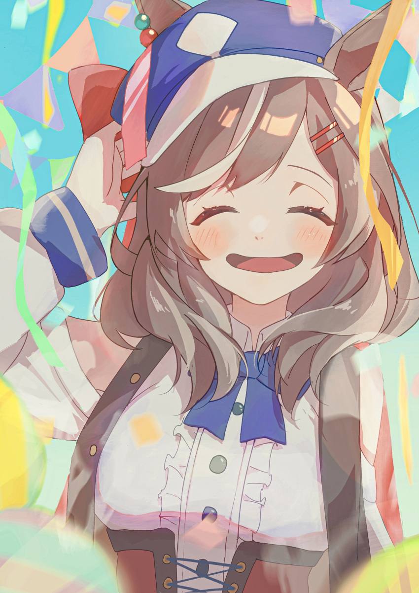 1girl, absurdres, animal_ears, birthday, blue_background, blue_headwear, blurry, blurry_foreground