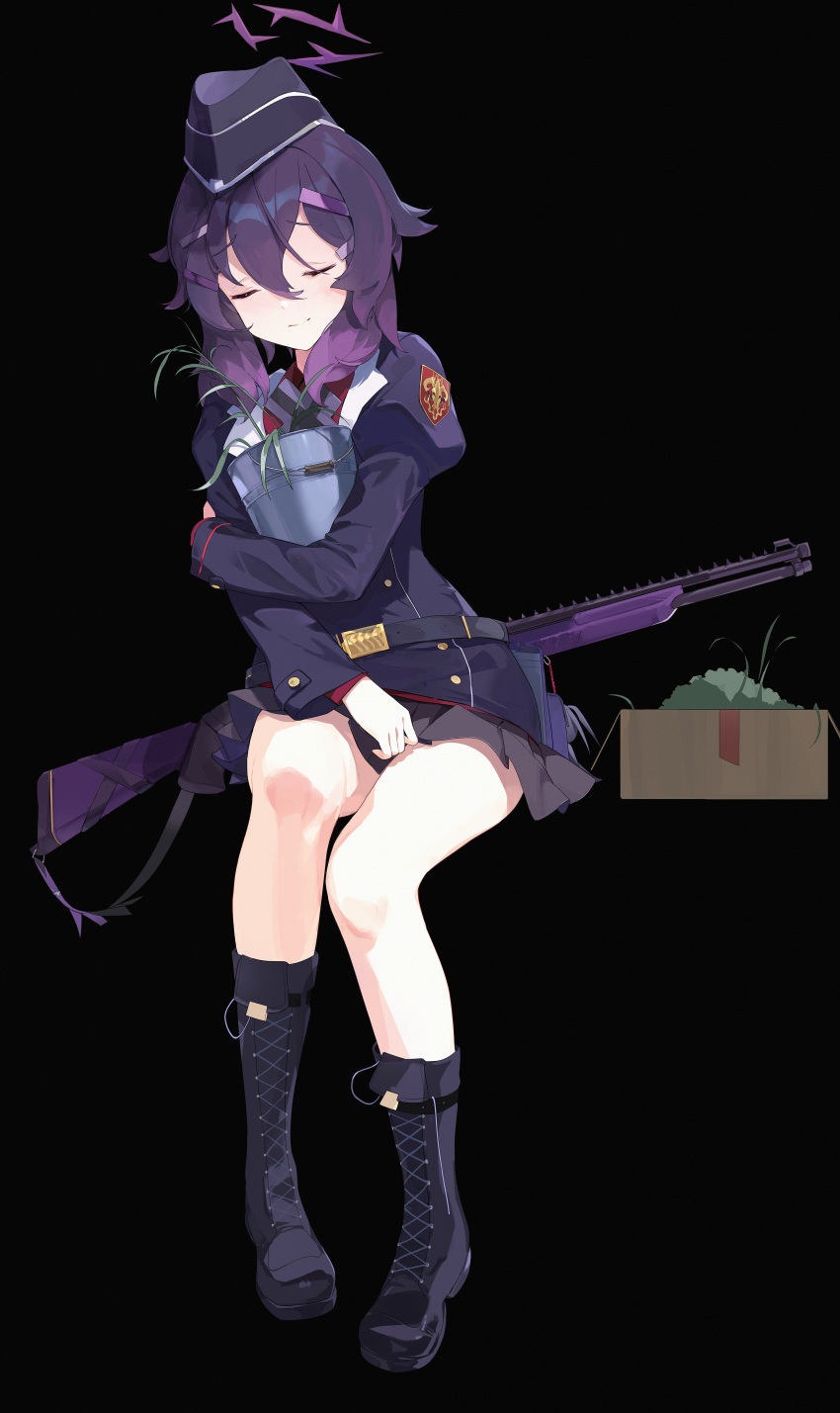 1girl, absurdres, badge, black_background, blue_archive, boots, box, bucket