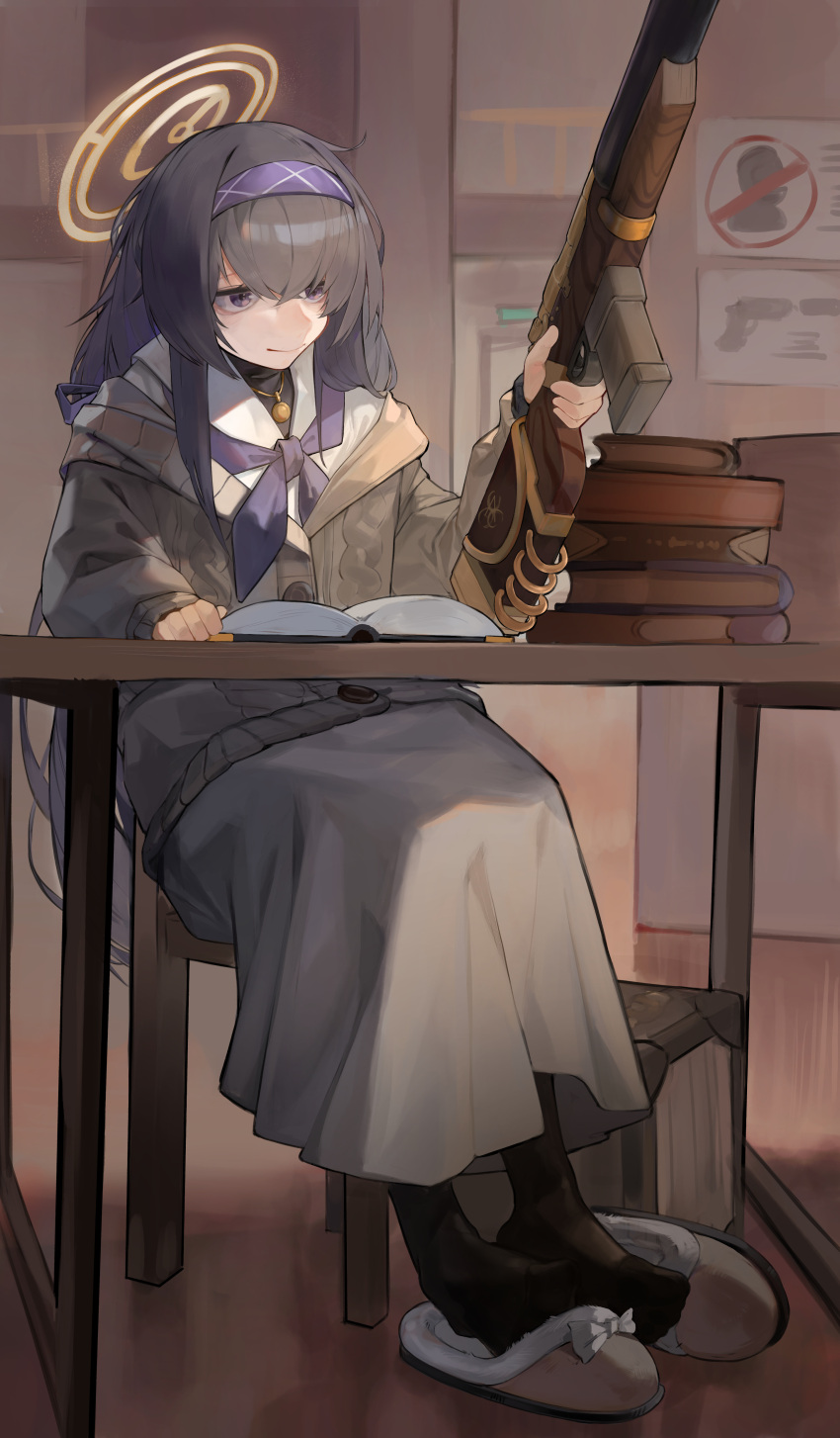 1girl, absurdres, black_hair, black_pantyhose, blood, blue_archive, blurry, book