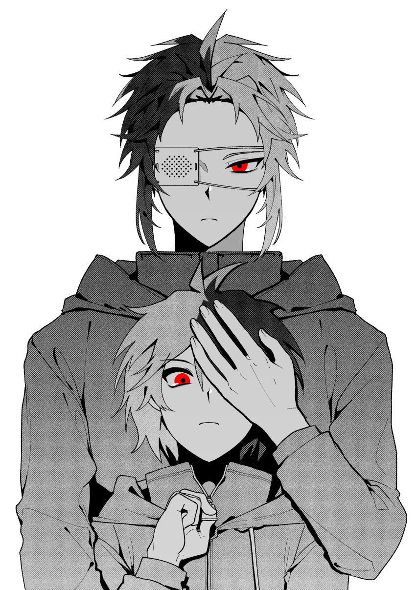 2boys, absurdres, closed_mouth, commentary_request, eyepatch, frown, greyscale, hand_over_another's_eye
