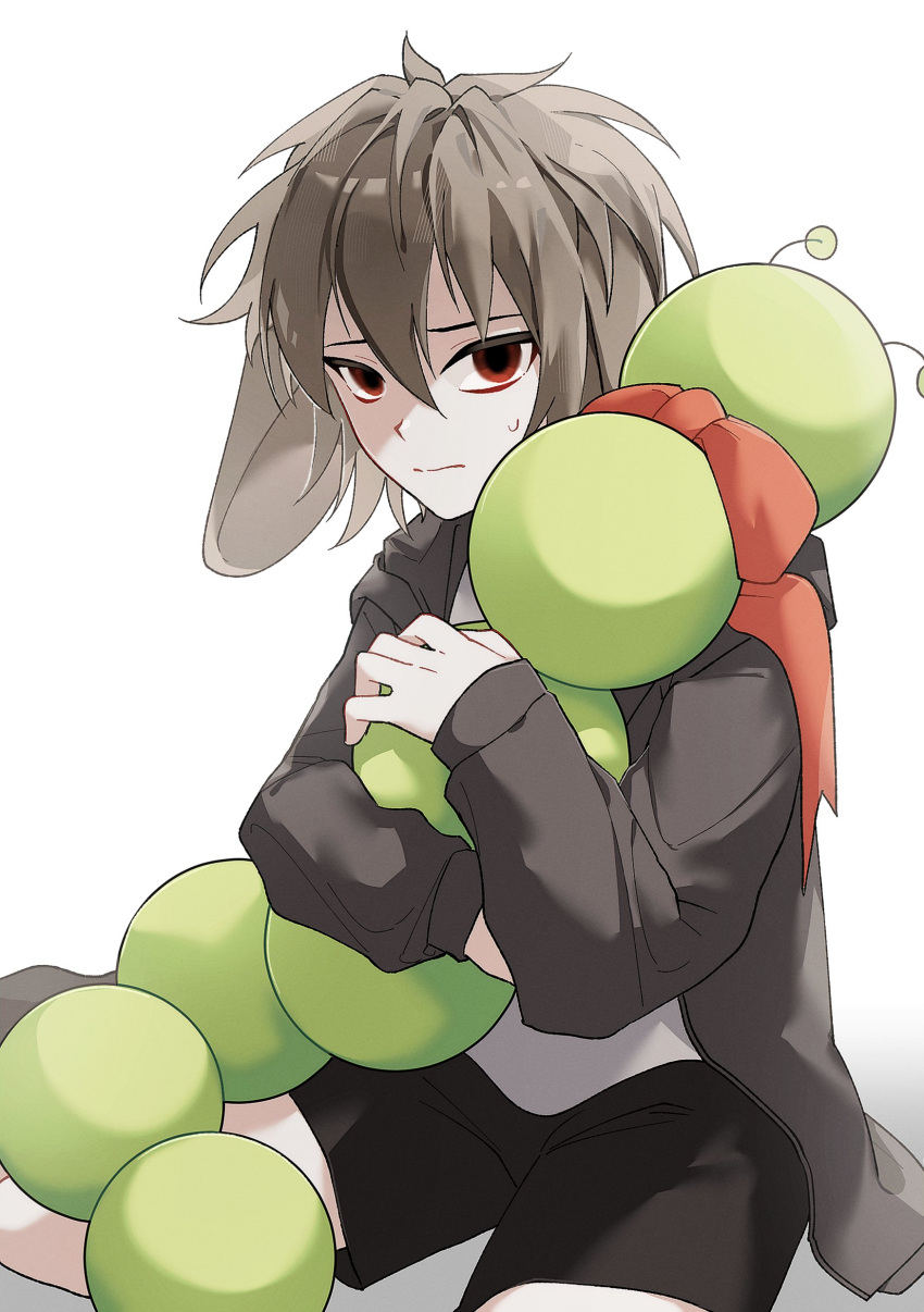 1boy, absurdres, animal_ears, black_pants, brown_hair, closed_mouth, commentary_request, film_grain