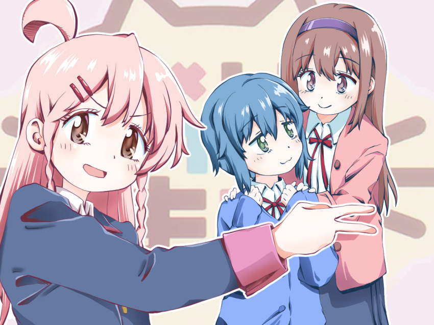 3girls, :3, :d, ahoge, blue_hair, blue_jacket, braid, brown_eyes