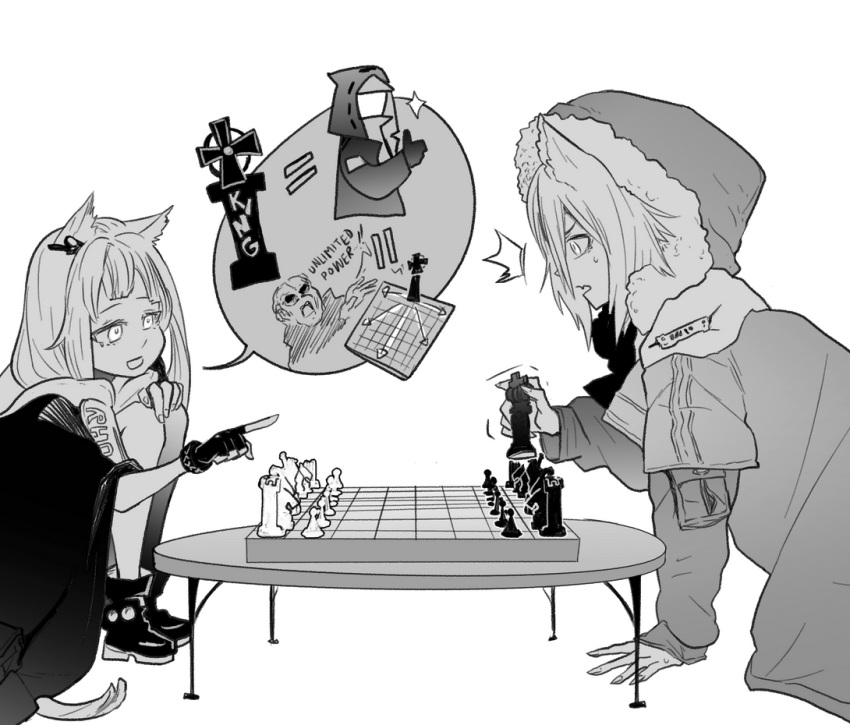 2girls, ^^^, animal_ear_fluff, animal_ears, arknights, black_jacket, board_game, cat_ears