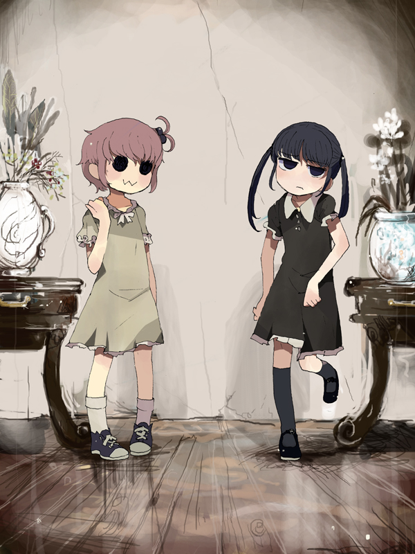 0w0, 2girls, bad_link, black_dress, black_eyes, black_footwear, black_hair, black_socks