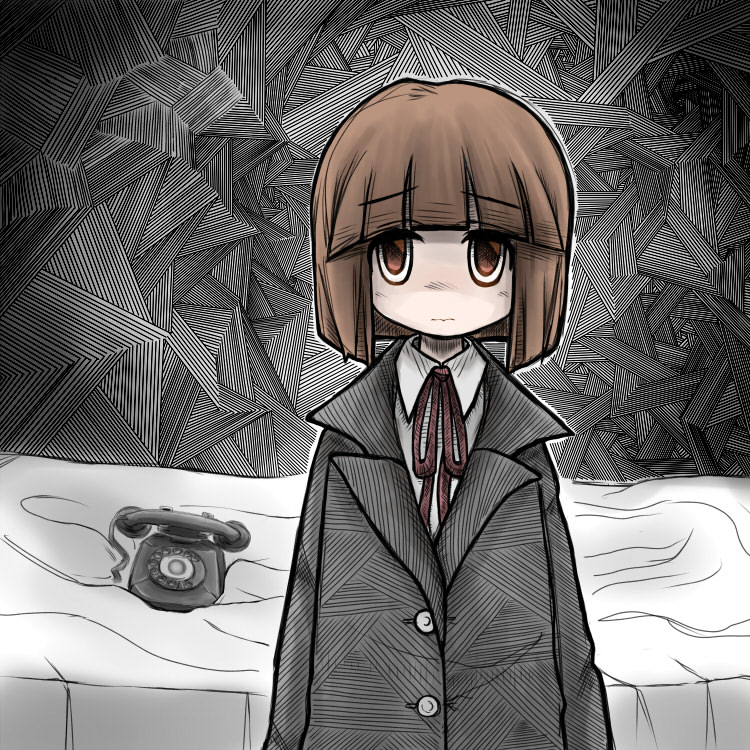 1girl, abstract_background, arms_at_sides, bed, black_coat, blunt_bangs, blunt_ends, bob_cut