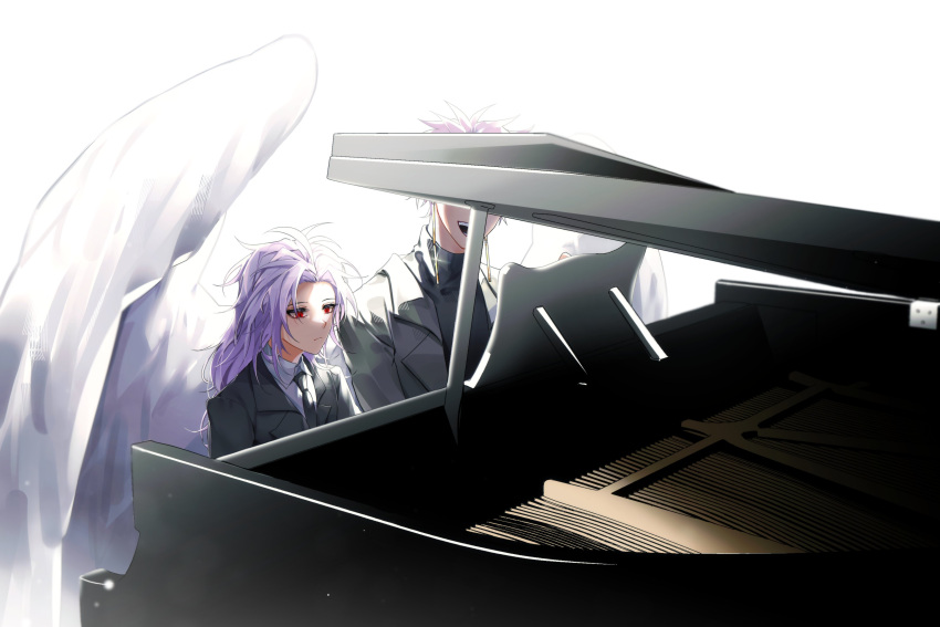 2boys, absurdres, angel_wings, black_jacket, black_necktie, black_sweater, closed_mouth, collared_shirt
