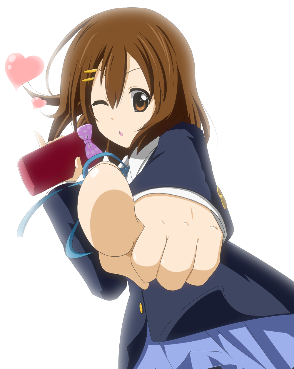 brown_hair, foreshortening, gift, hands, heart, highres, hirasawa_yui, igashiko, k-on!, pencil_case, pointing, short_hair, solo, utauyo_miracle, wink