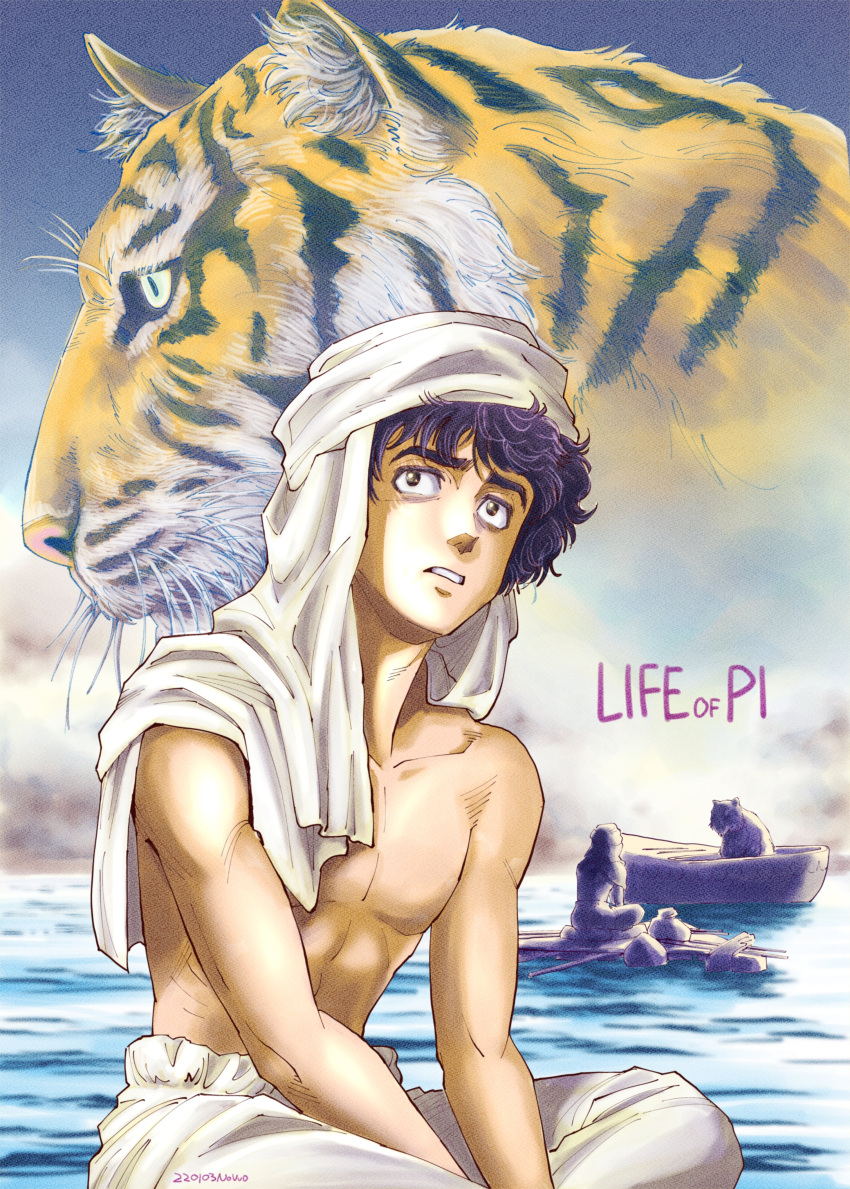 1boy, absurdres, animal, bags_under_eyes, black_eyes, black_hair, boat, clenched_teeth