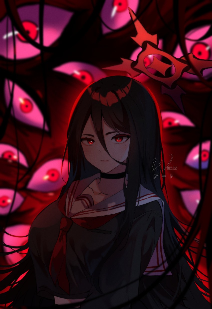 1girl, absurdres, artist_name, black_choker, black_hair, black_serafuku, blue_archive, choker