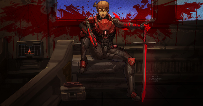 1girl, absurdres, angry, armor, asymmetrical_arms, black_horns, blood, blood_splatter