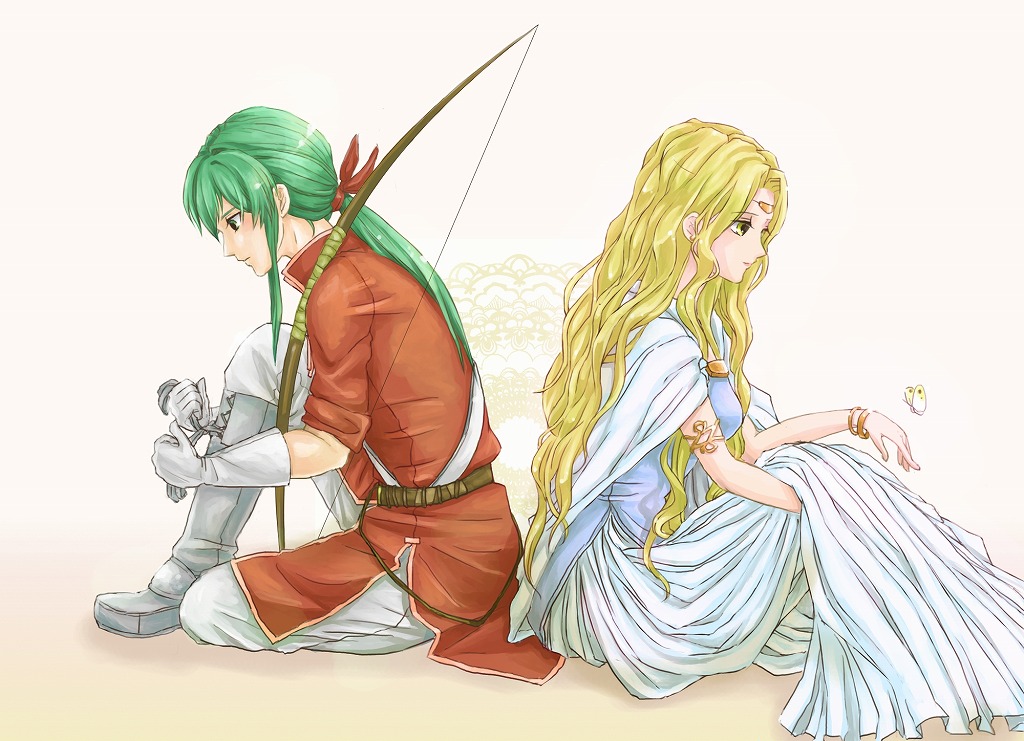 1boy, 1girl, belt, blonde_hair, boots, bow_(weapon), brown_belt, bug