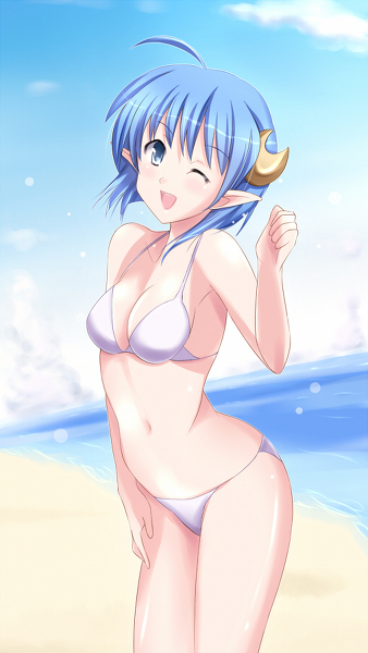 beach, bikini, blue_hair, cresent_moon, pointy_ears, rena_lanford, shizufa, short_hair