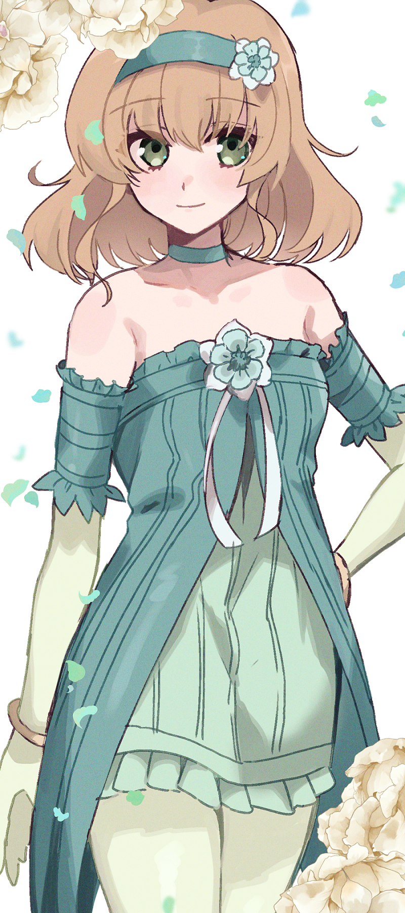 1girl, aomattya, aqua_choker, aqua_dress, aqua_hairband, bangle, bare_shoulders, blonde_hair