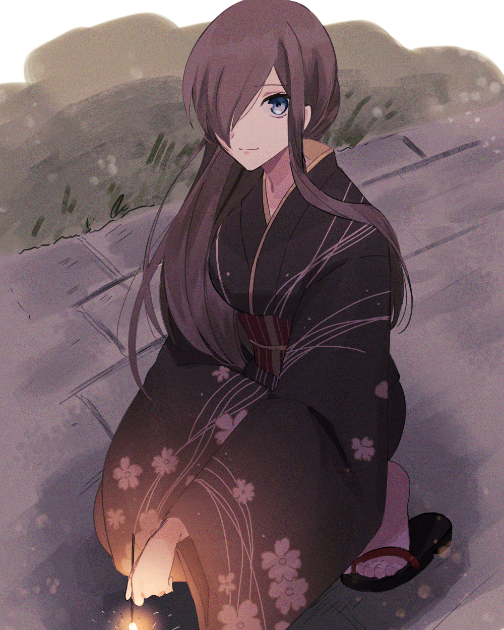 1girl, alternate_costume, aomattya, blue_eyes, brown_hair, brown_kimono, closed_mouth, commentary_request