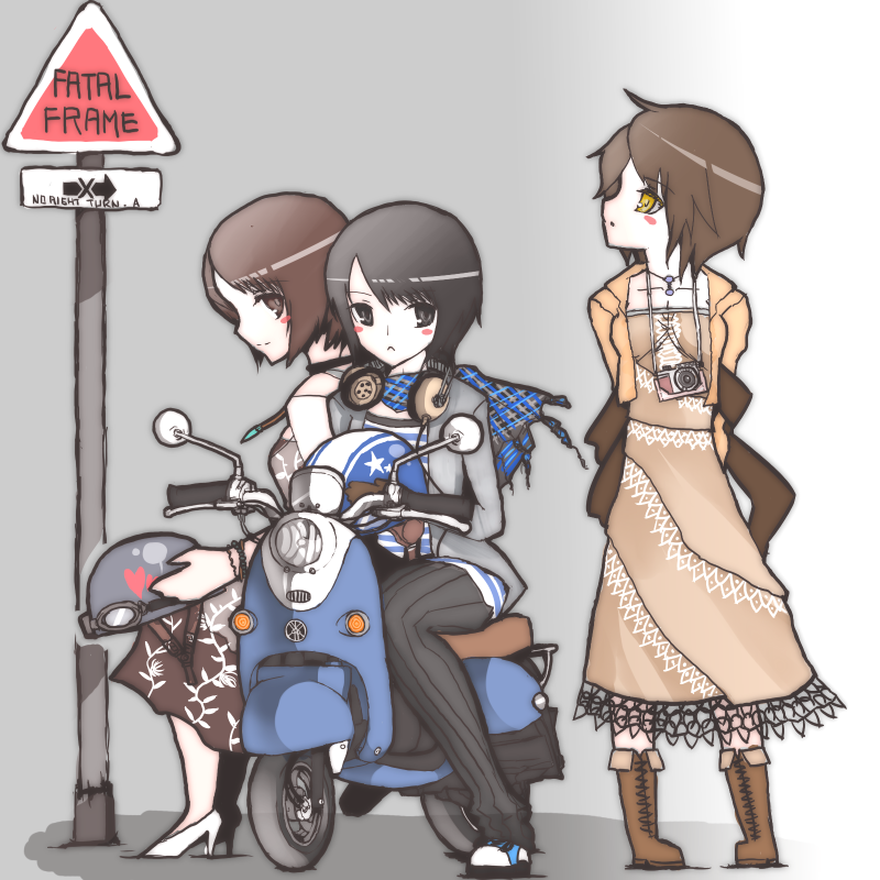 black_hair, blush, boots, brown_eyes, brown_hair, camera, dress, fatal_frame