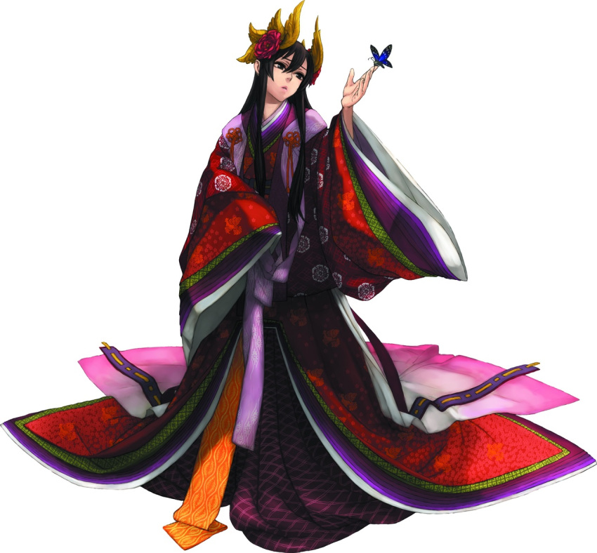 brown_eyes, brown_hair, colorful, flower, hair_ornament, highres, japanese_clothes, kage_no_densetsu